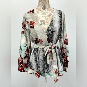 ODDY for ANTHROPOLOGIE Gray maroon floral faux wrap balloon sleeve top size L